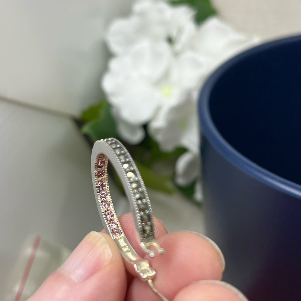 Vintage Suspicion 925 Sterling Silver Marcasite Hoop Earrings with Purple Gems - Picture 12 of 17